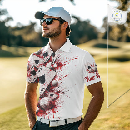 White & Red Poker Mens Golf Polo Shirt Custom Name Splatter Poker Golf Top For Team, Golfer Gifts NYN4158
