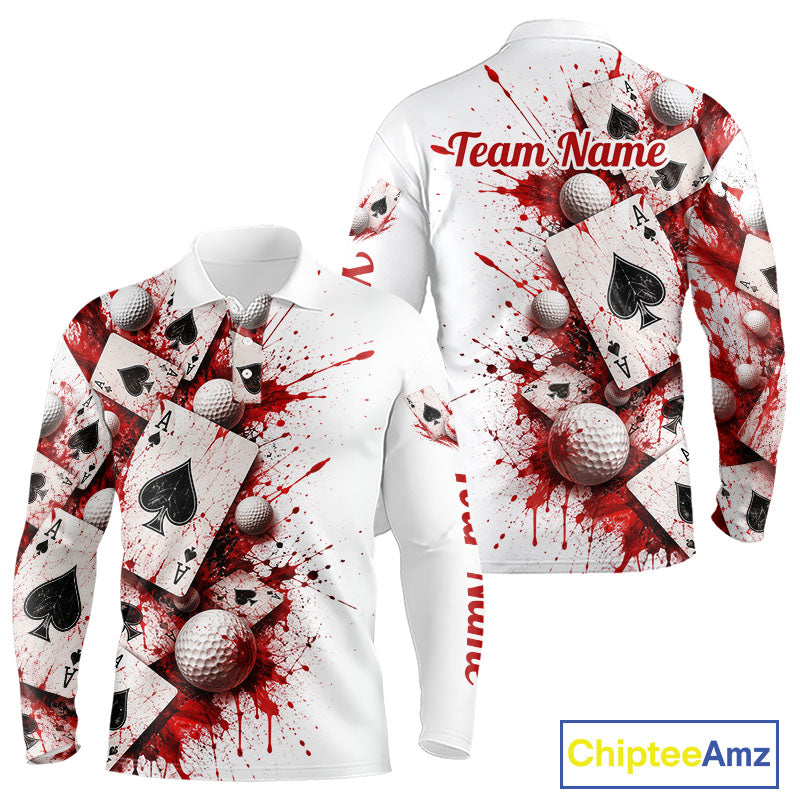 White & Red Poker Mens Golf Polo Shirt Custom Name Splatter Poker Golf Top For Team, Golfer Gifts NYN4158