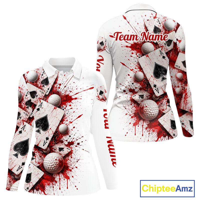 White & Red Poker Womens Golf Polo Shirt Custom Name Splatter Poker Golf Top For Team, Golfer Gifts NYN4158