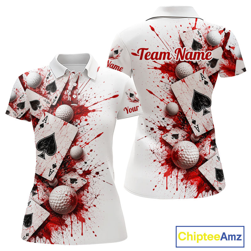 White & Red Poker Womens Golf Polo Shirt Custom Name Splatter Poker Golf Top For Team, Golfer Gifts NYN4158