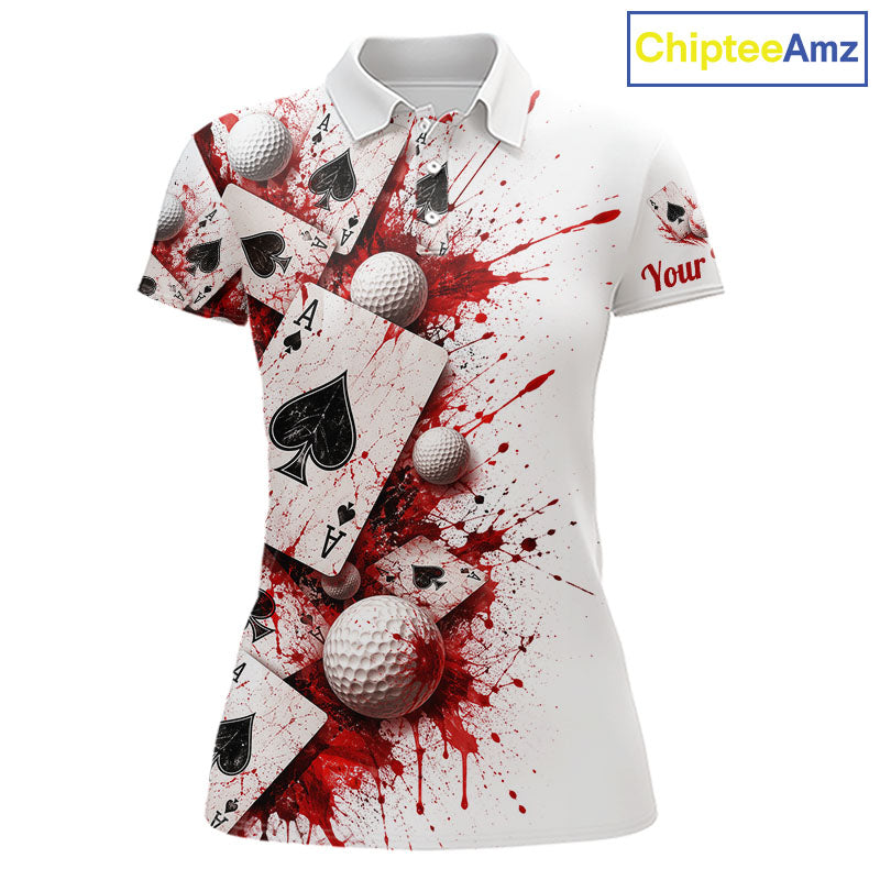 White & Red Poker Womens Golf Polo Shirt Custom Name Splatter Poker Golf Top For Team, Golfer Gifts NYN4158