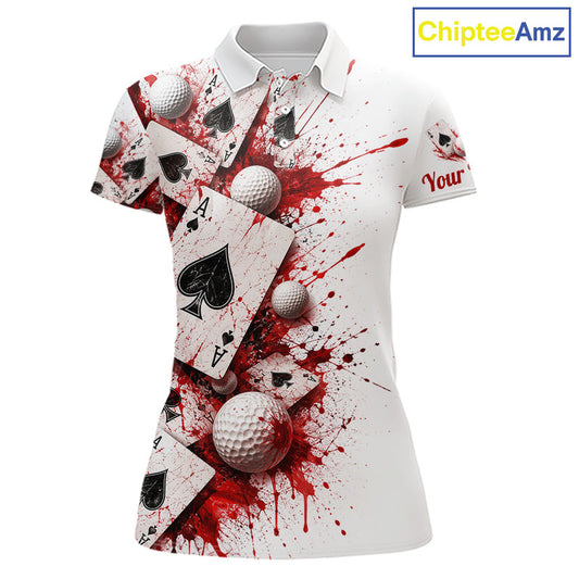 White & Red Poker Womens Golf Polo Shirt Custom Name Splatter Poker Golf Top For Team, Golfer Gifts NYN4158