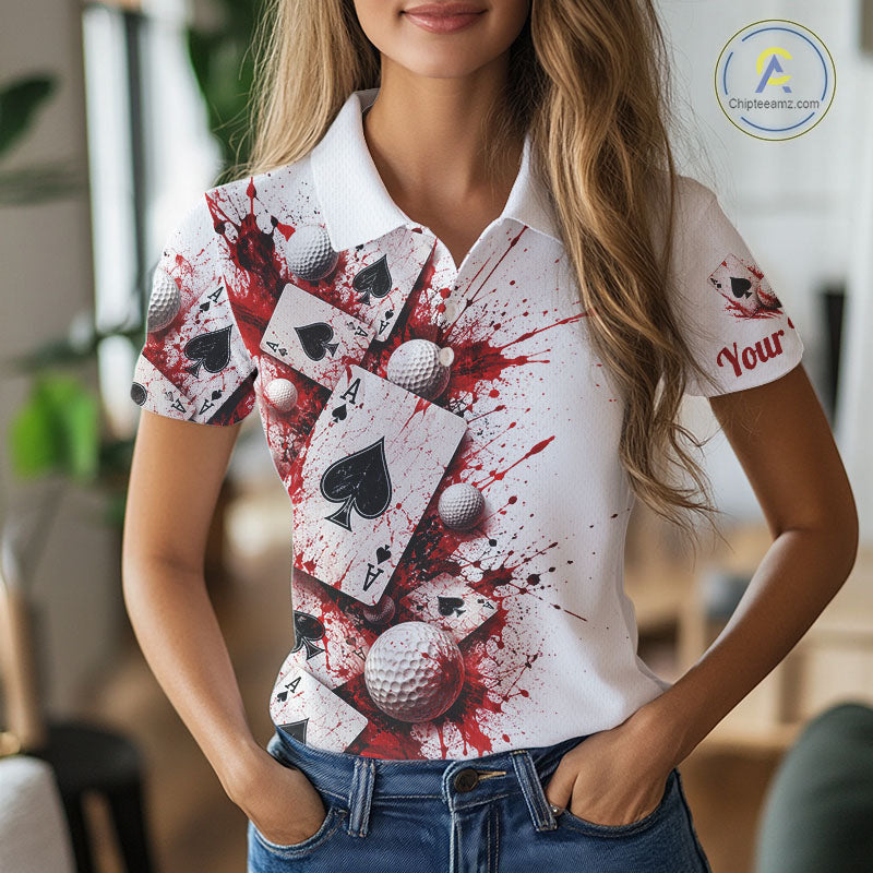 White & Red Poker Womens Golf Polo Shirt Custom Name Splatter Poker Golf Top For Team, Golfer Gifts NYN4158