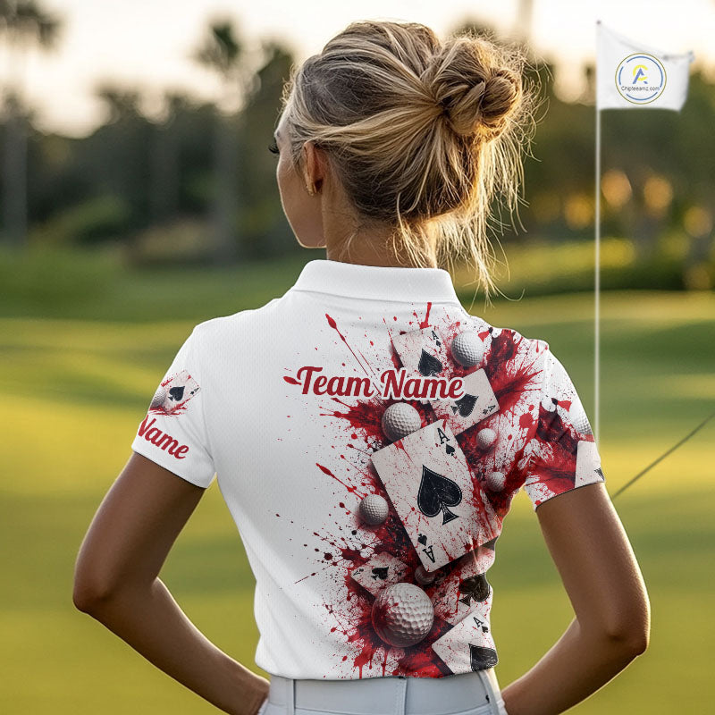 White & Red Poker Womens Golf Polo Shirt Custom Name Splatter Poker Golf Top For Team, Golfer Gifts NYN4158