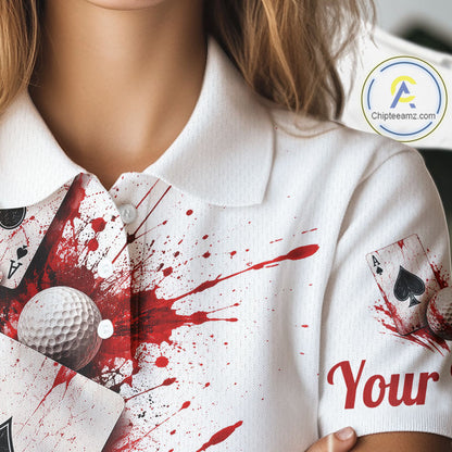 White & Red Poker Womens Golf Polo Shirt Custom Name Splatter Poker Golf Top For Team, Golfer Gifts NYN4158