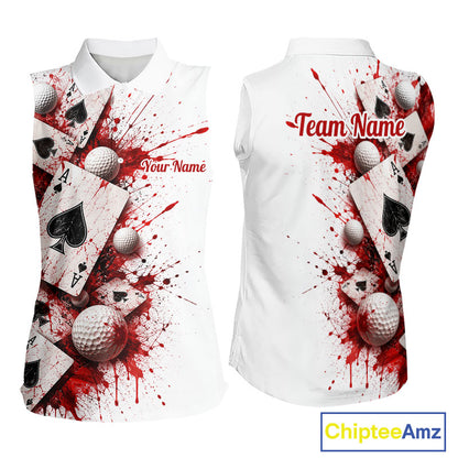White & Red Poker Womens Golf Sleeveless Polo Shirt Custom Name Splatter Poker Golf Top For Team, Golfer Gifts NYN4158