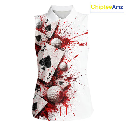 White & Red Poker Womens Golf Sleeveless Polo Shirt Custom Name Splatter Poker Golf Top For Team, Golfer Gifts NYN4158
