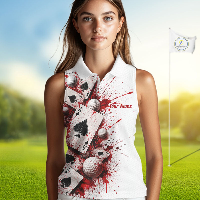White & Red Poker Womens Golf Sleeveless Polo Shirt Custom Name Splatter Poker Golf Top For Team, Golfer Gifts NYN4158