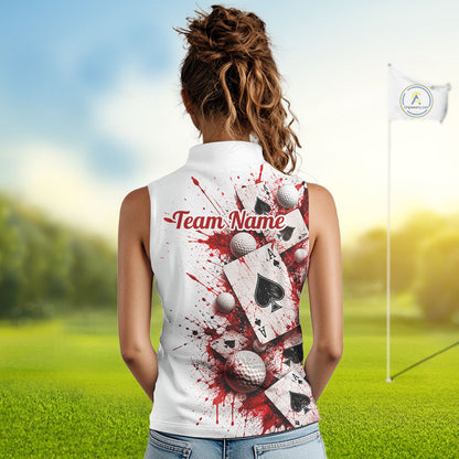 White & Red Poker Womens Golf Sleeveless Polo Shirt Custom Name Splatter Poker Golf Top For Team, Golfer Gifts NYN4158