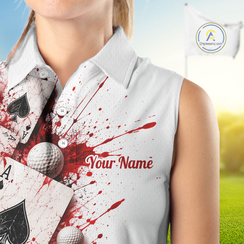 White & Red Poker Womens Golf Sleeveless Polo Shirt Custom Name Splatter Poker Golf Top For Team, Golfer Gifts NYN4158