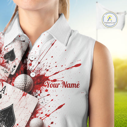 White & Red Poker Womens Golf Sleeveless Polo Shirt Custom Name Splatter Poker Golf Top For Team, Golfer Gifts NYN4158