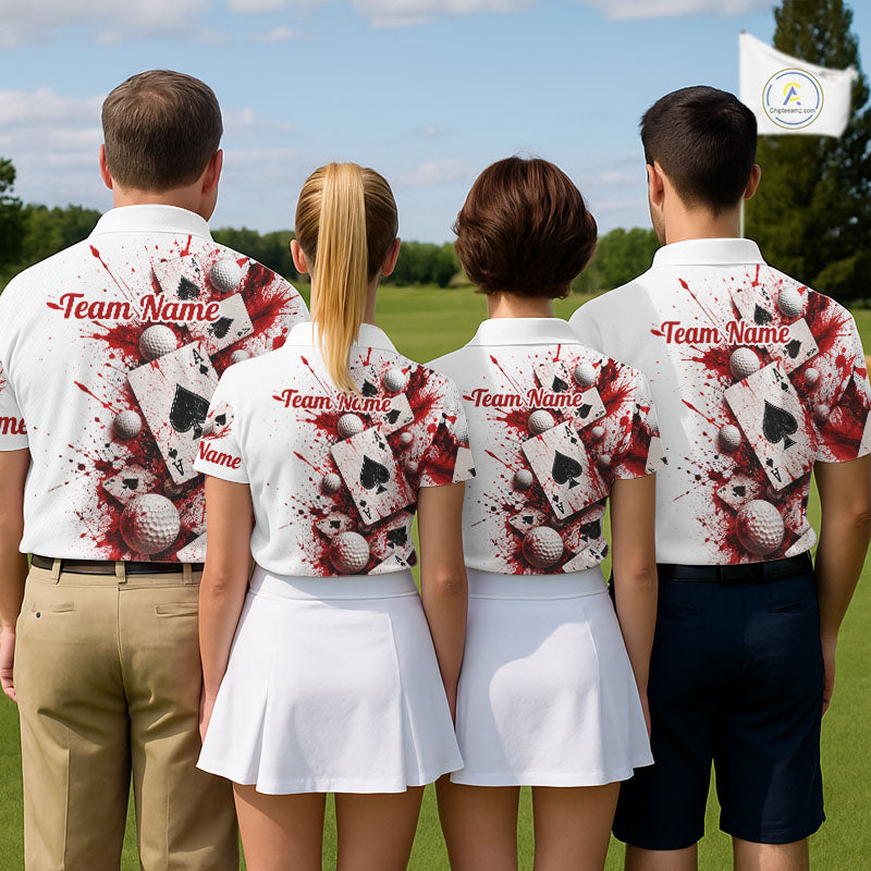 White & Red Poker Mens Golf Polo Shirt Custom Name Splatter Poker Golf Top For Team, Golfer Gifts NYN4158
