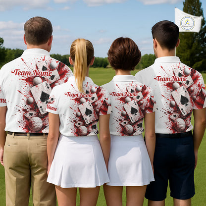 White & Red Poker Mens Golf Polo Shirt Custom Name Splatter Poker Golf Top For Team, Golfer Gifts NYN4158