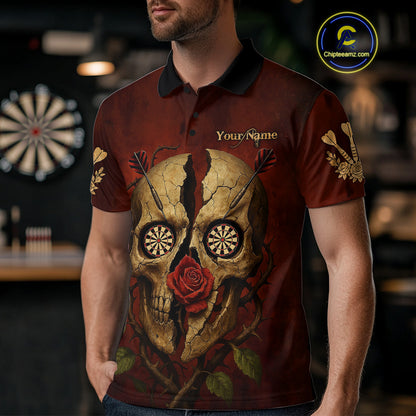 Custom Red Roses Cracked Skull Halloween Dart Polo Shirt For Men Grunge Dart Team Jersey NYN1475