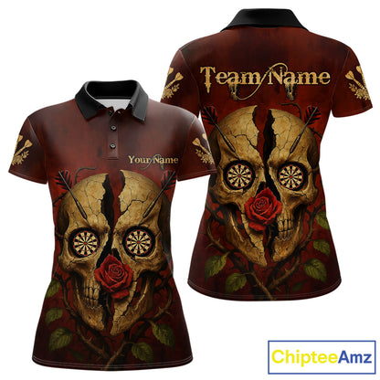 Custom Red Roses Cracked Skull Halloween Dart Polo Shirt For Women Grunge Dart Team Jersey NYN1475