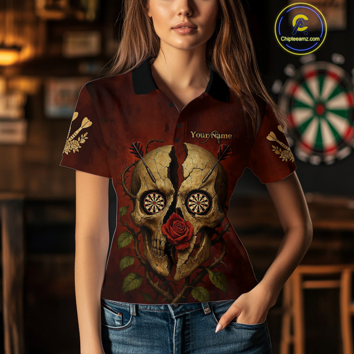 Custom Red Roses Cracked Skull Halloween Dart Polo Shirt For Women Grunge Dart Team Jersey NYN1475
