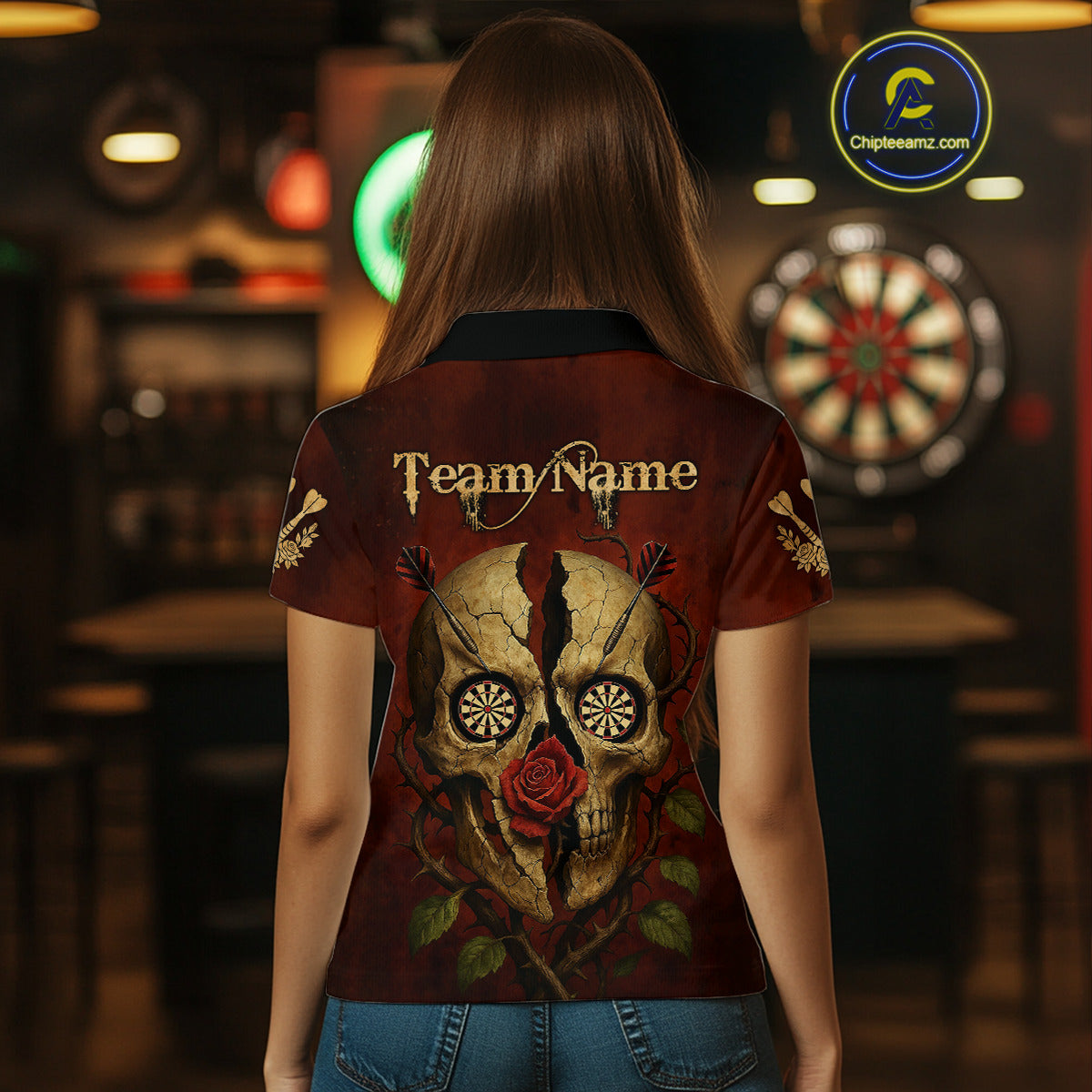Custom Red Roses Cracked Skull Halloween Dart Polo Shirt For Women Grunge Dart Team Jersey NYN1475