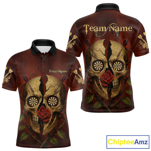 Custom Red Roses Cracked Skull Halloween Dart Polo Shirt For Men Grunge Dart Team Jersey NYN1475