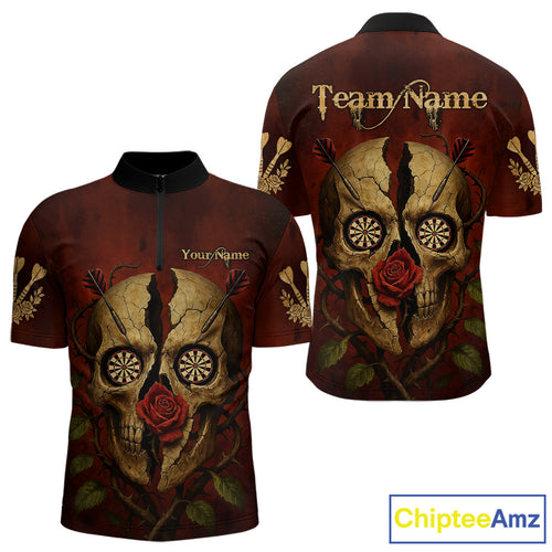 Custom Red Roses Cracked Skull Halloween Dart 1/4-Zip Shirt For Men Grunge Dart Team Jersey NYN1475