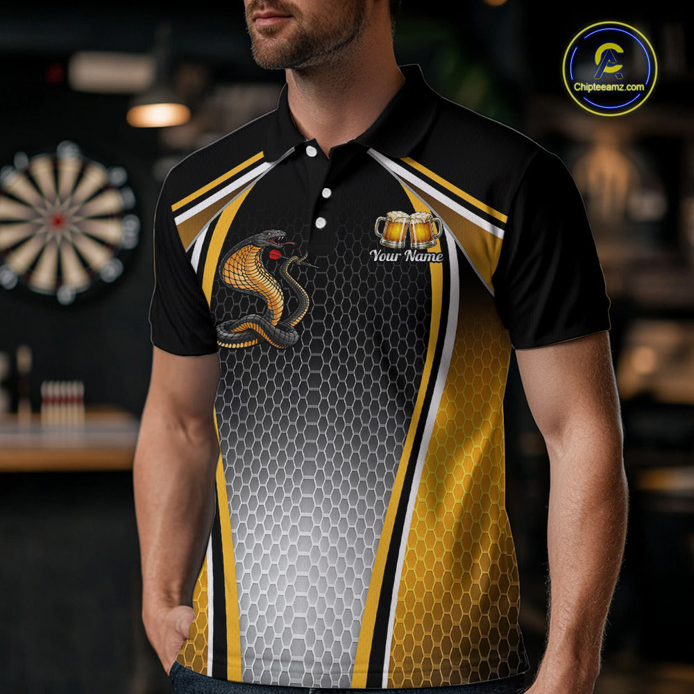 Funny Cobra Cheer Beers Polo & 1/4-Zip Shirt Custom Black & Yellow Cobra Men Best Dart Team Shirts NYN2897