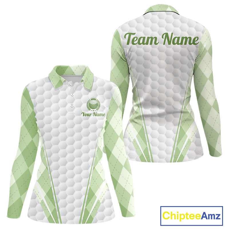 Womens Golf Polo Shirt Argyle Pattern Golf Shirts For Womens Green Argyle And White Golf Ball Gifts NYN2906