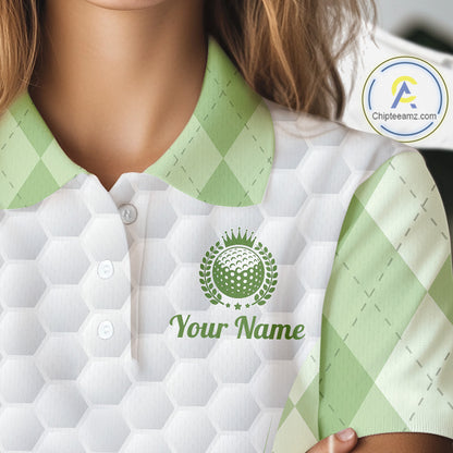 Womens Golf Polo Shirt Argyle Pattern Golf Shirts For Womens Green Argyle And White Golf Ball Gifts NYN2906