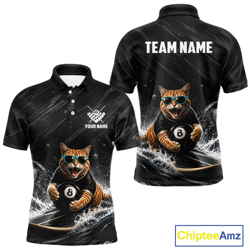 Funny Cat Surfing men's billiard polo shirt, black grunge pool team jersey, custom 8 ball billiards apparel, funny pool shirt