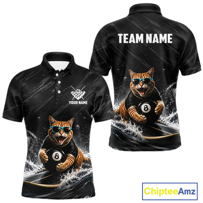 Funny Cat Surfing men's billiard polo shirt, black grunge pool team jersey, custom 8 ball billiards apparel, funny pool shirt