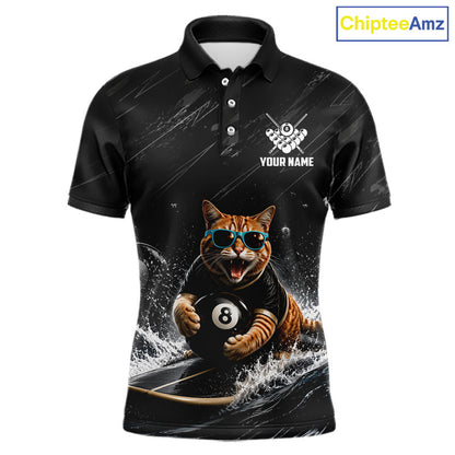 Funny Cat Surfing men's billiard polo shirt, black grunge pool team jersey, custom 8 ball billiards apparel, funny pool shirt