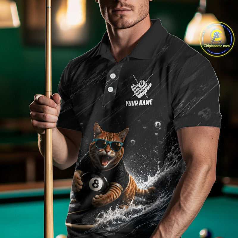 Male billiard player wearing Funny Cat Surfing billiard jersey, custom pool team shirt, 8 ball apparel