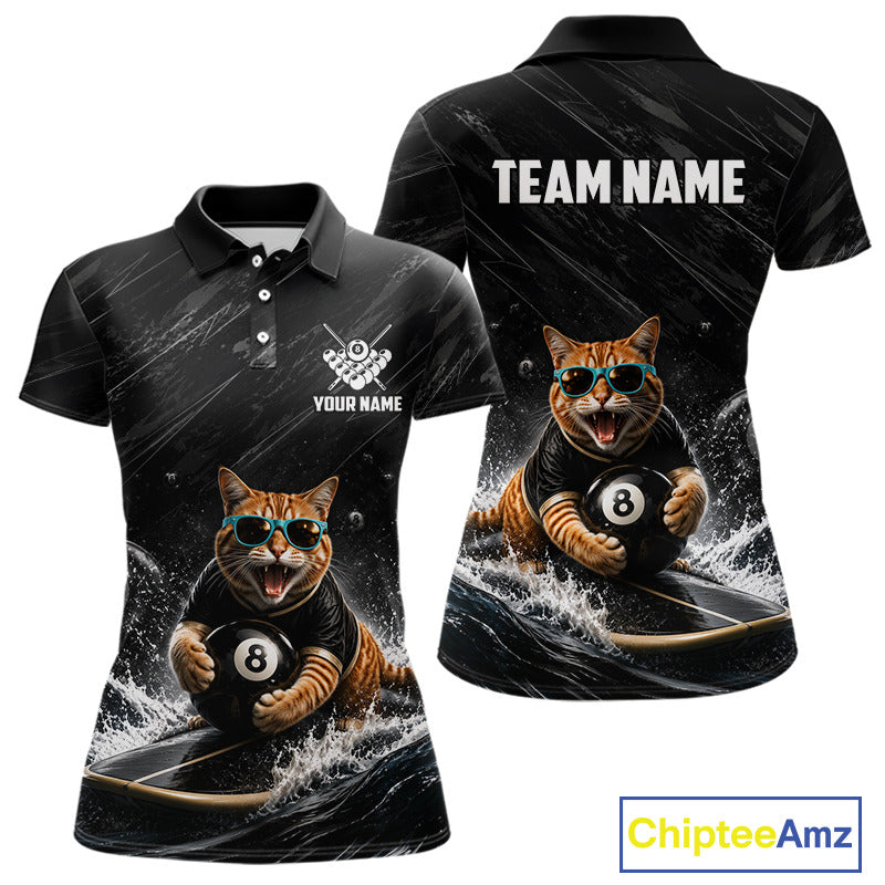 Funny Cat Surfing women's billiard polo shirt, black grunge pool team jersey, custom 8 ball billiard apparel