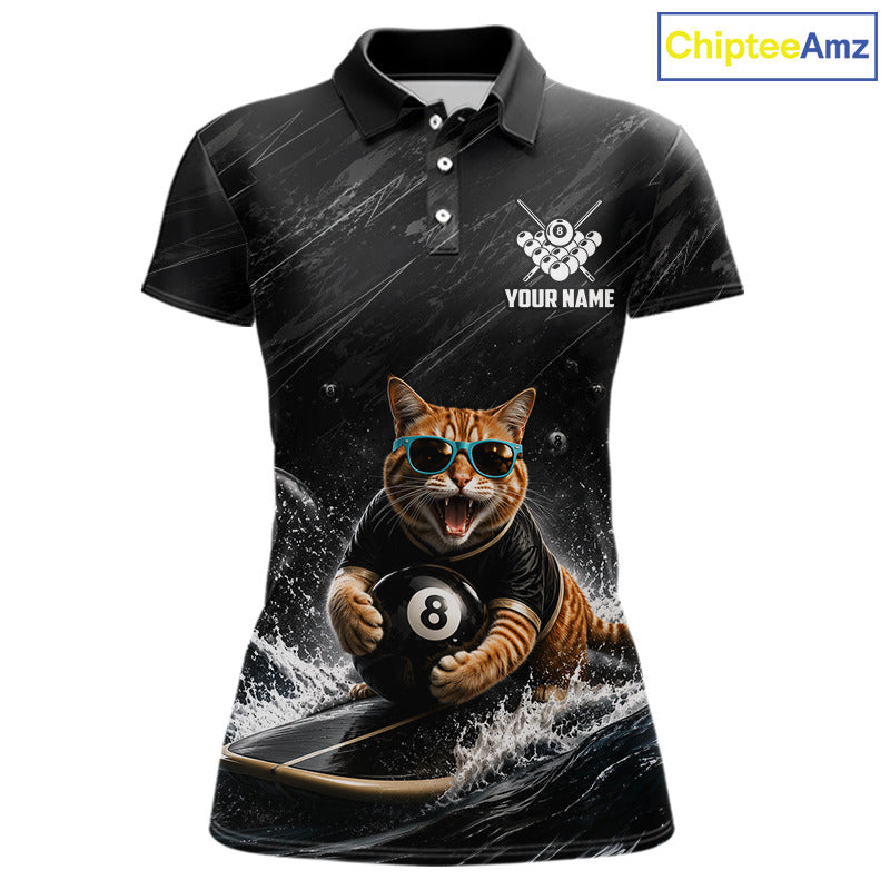 Funny Cat Surfing women's billiard polo shirt, black grunge pool team jersey, custom 8 ball billiard apparel