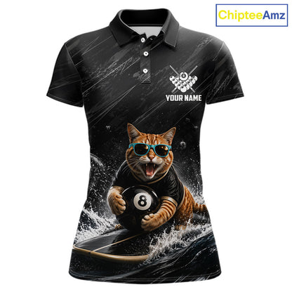 Funny Cat Surfing women's billiard polo shirt, black grunge pool team jersey, custom 8 ball billiard apparel