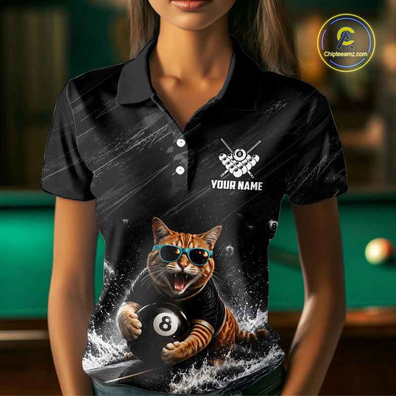 Female billiard player wearing Funny Cat Surfing billiard jersey, custom pool team shirt