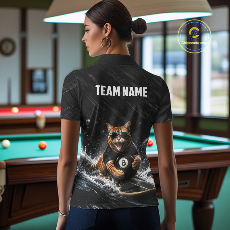 Female billiard player wearing Funny Cat Surfing billiard jersey, custom pool team shirt