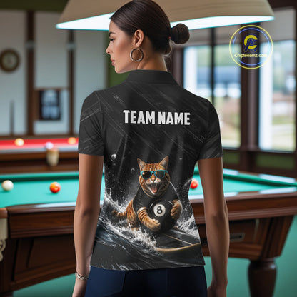 Female billiard player wearing Funny Cat Surfing billiard jersey, custom pool team shirt