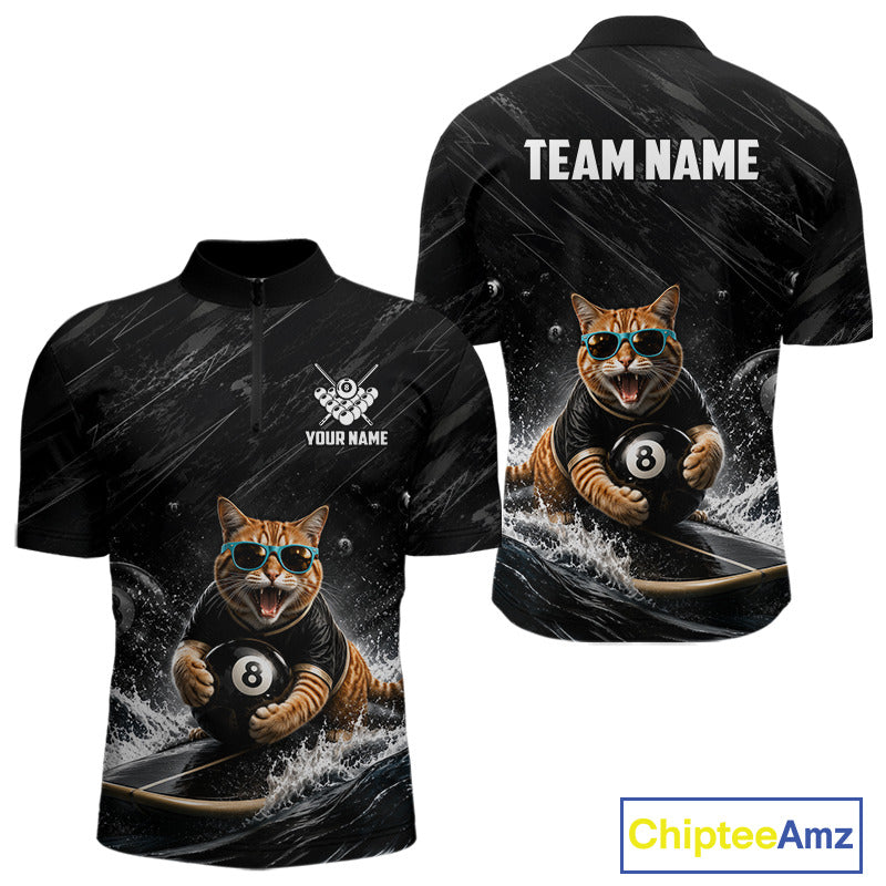 Funny Cat Surfing men's billiard quarter zip shirt, custom pool team jersey, black grunge billiard uniform