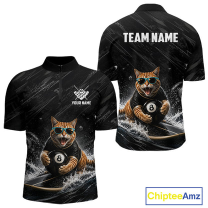Funny Cat Surfing men's billiard quarter zip shirt, custom pool team jersey, black grunge billiard uniform