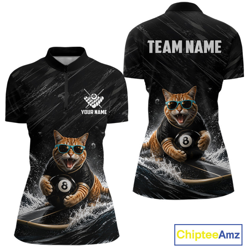 Funny Cat Surfing women's billiard quarter zip shirt, custom pool team jersey, black grunge billiard uniform