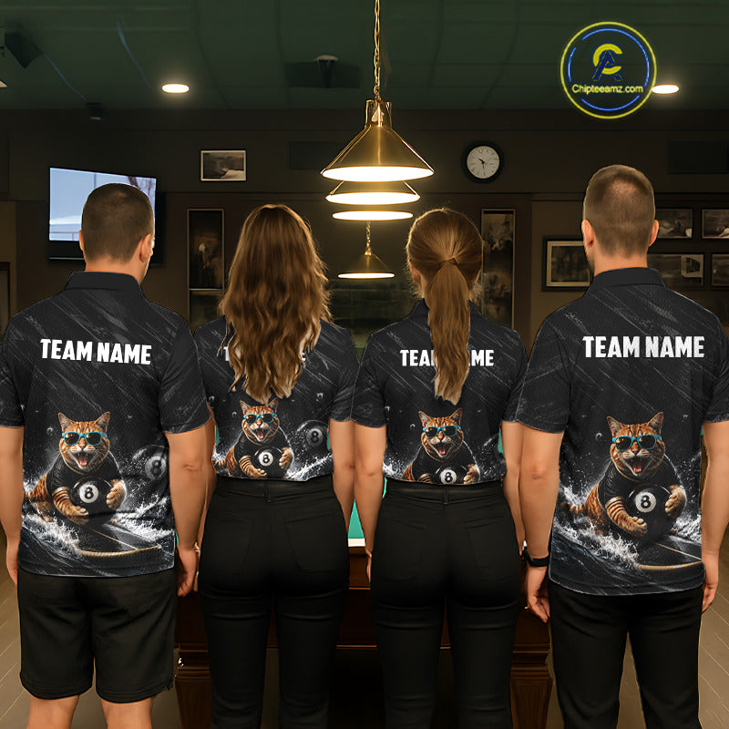 Men women billiard team wearing Funny Cat Surfing custom billiard jerseys, personalized pool league uniforms