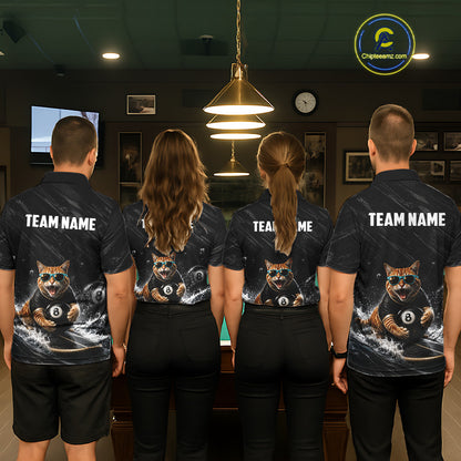Men women billiard team wearing Funny Cat Surfing custom billiard jerseys, personalized pool league uniforms