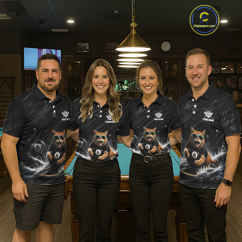 Men women billiard team wearing Funny Cat Surfing custom billiard jerseys, personalized pool league uniforms