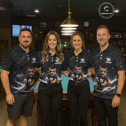Men women billiard team wearing Funny Cat Surfing custom billiard jerseys, personalized pool league uniforms