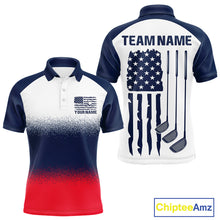 Load image into Gallery viewer, Men's US Flag golf polo shirt, patriotic red white and blue golf polo, custom golf team apparel, American flag golf shirt, men's golf uniform, tournament golf clothing