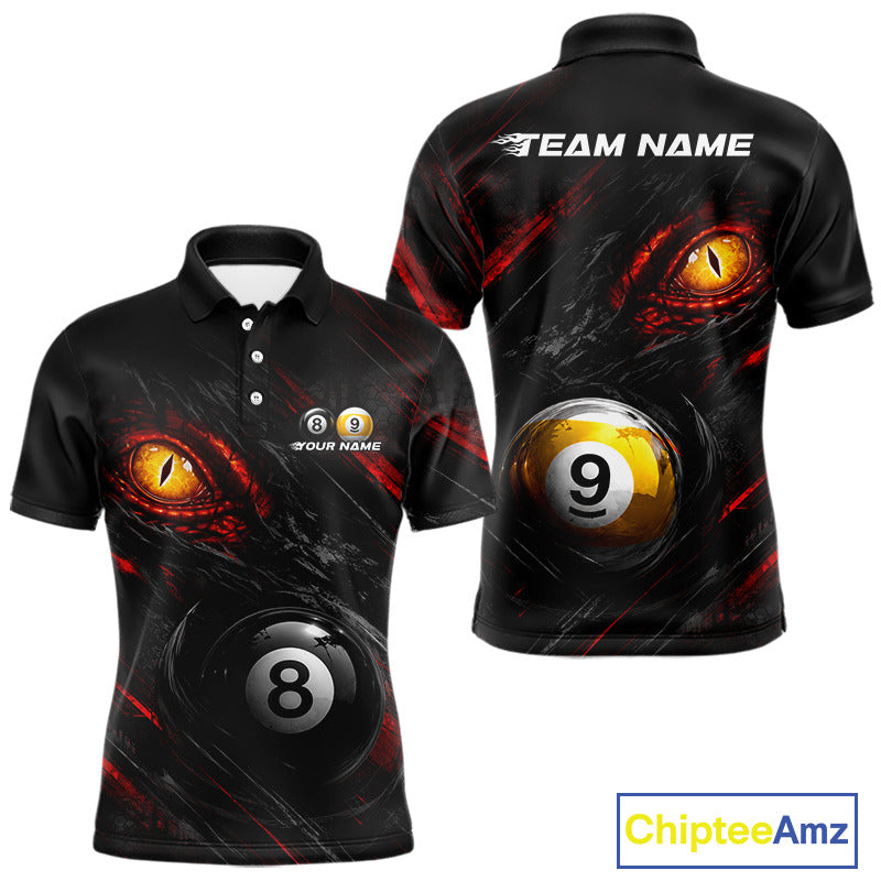 Black and Red Grunge Eyes men's billiard polo shirt, custom 8 ball 9 ball pool jersey, professional billiard team apparel