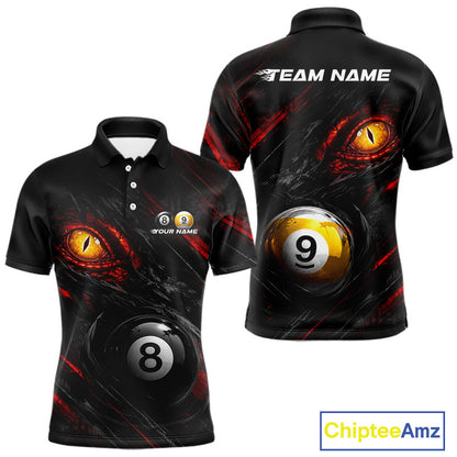 Black and Red Grunge Eyes men's billiard polo shirt, custom 8 ball 9 ball pool jersey, professional billiard team apparel