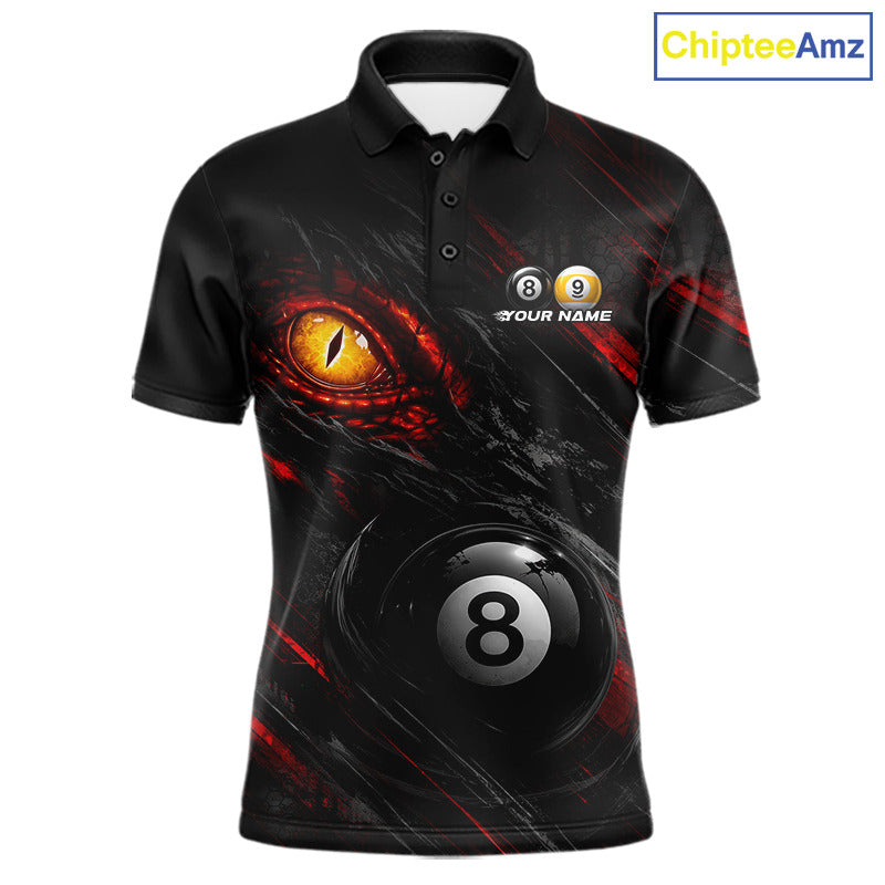 Black and Red Grunge Eyes men's billiard polo shirt, custom 8 ball 9 ball pool jersey, professional billiard team apparel