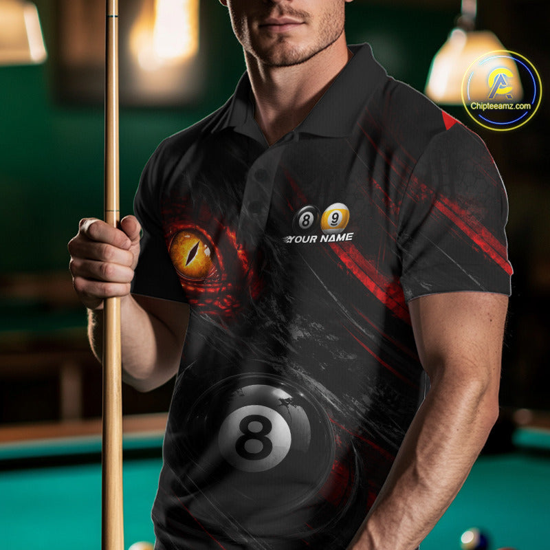 Male billiard player wearing Black and Red Grunge Eyes billiard jersey, custom pool league shirt