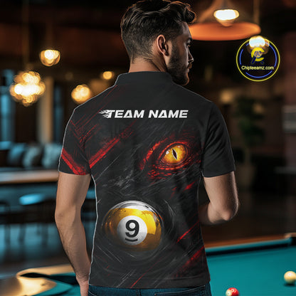 Male billiard player wearing Black and Red Grunge Eyes billiard jersey, custom pool league shirt