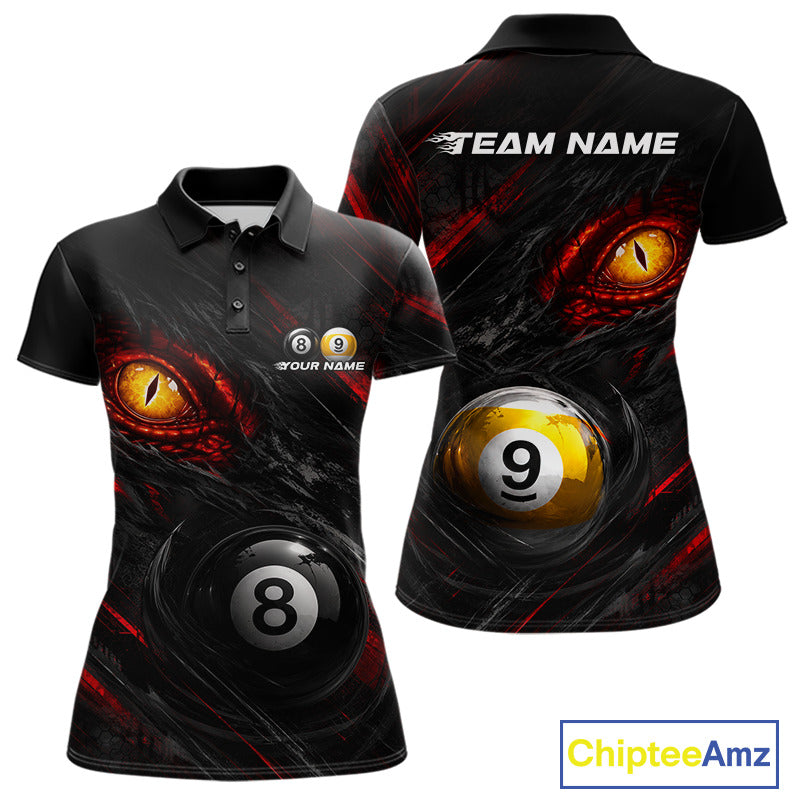 Black and Red Grunge Eyes women's billiard polo shirt, custom 8 ball 9 ball pool jersey, billiard team apparel